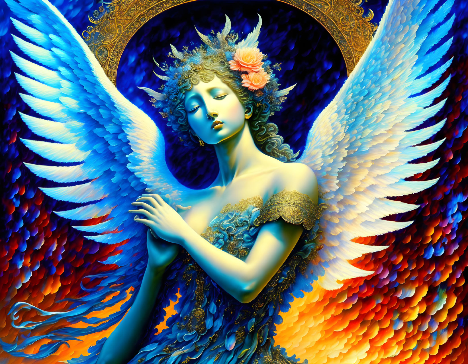 Vivid angel artwork with blue wings and fiery feathers against golden arch