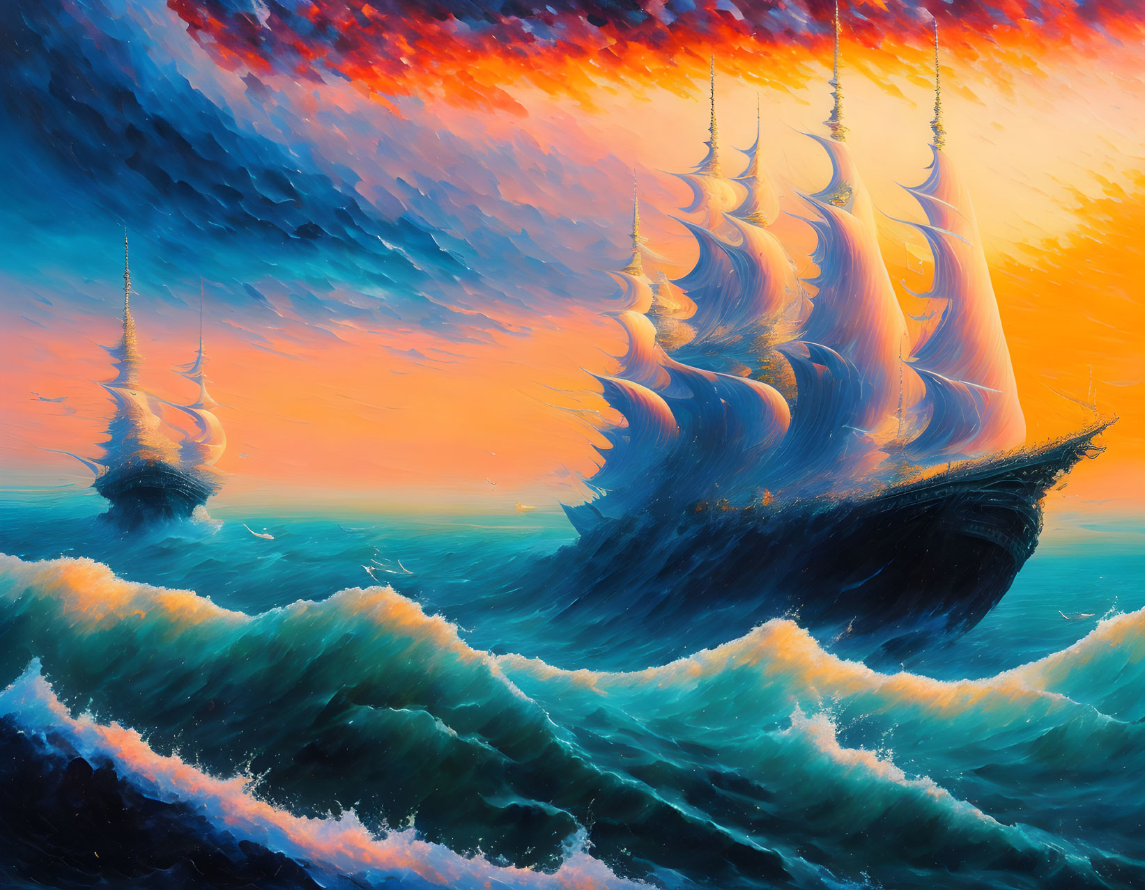 Dramatic sunset painting of tall ships on turbulent sea