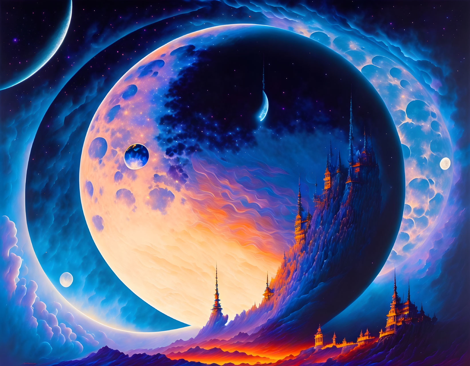 Fantasy sci-fi landscape with large planets, mountain range, and ornate structures