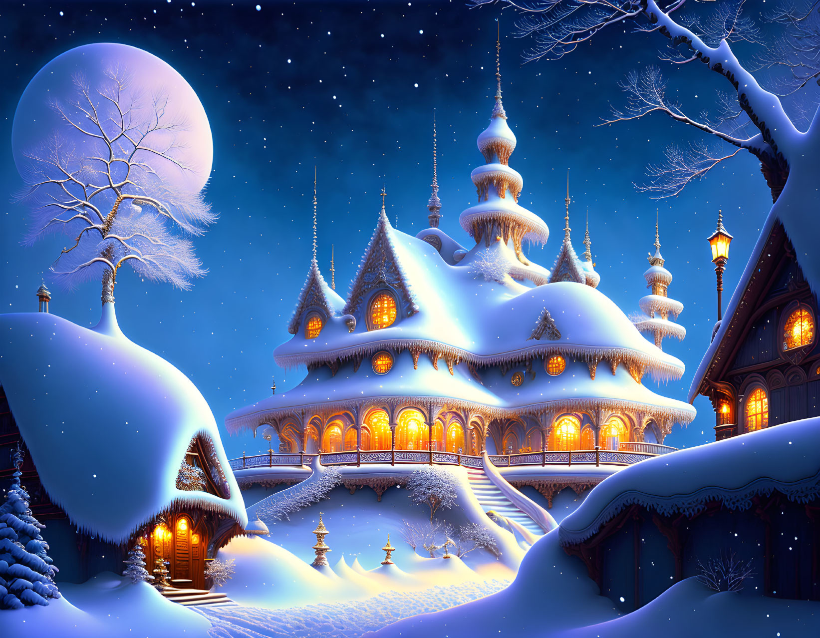 Snowy Night Castle Scene with Frost-Covered Trees