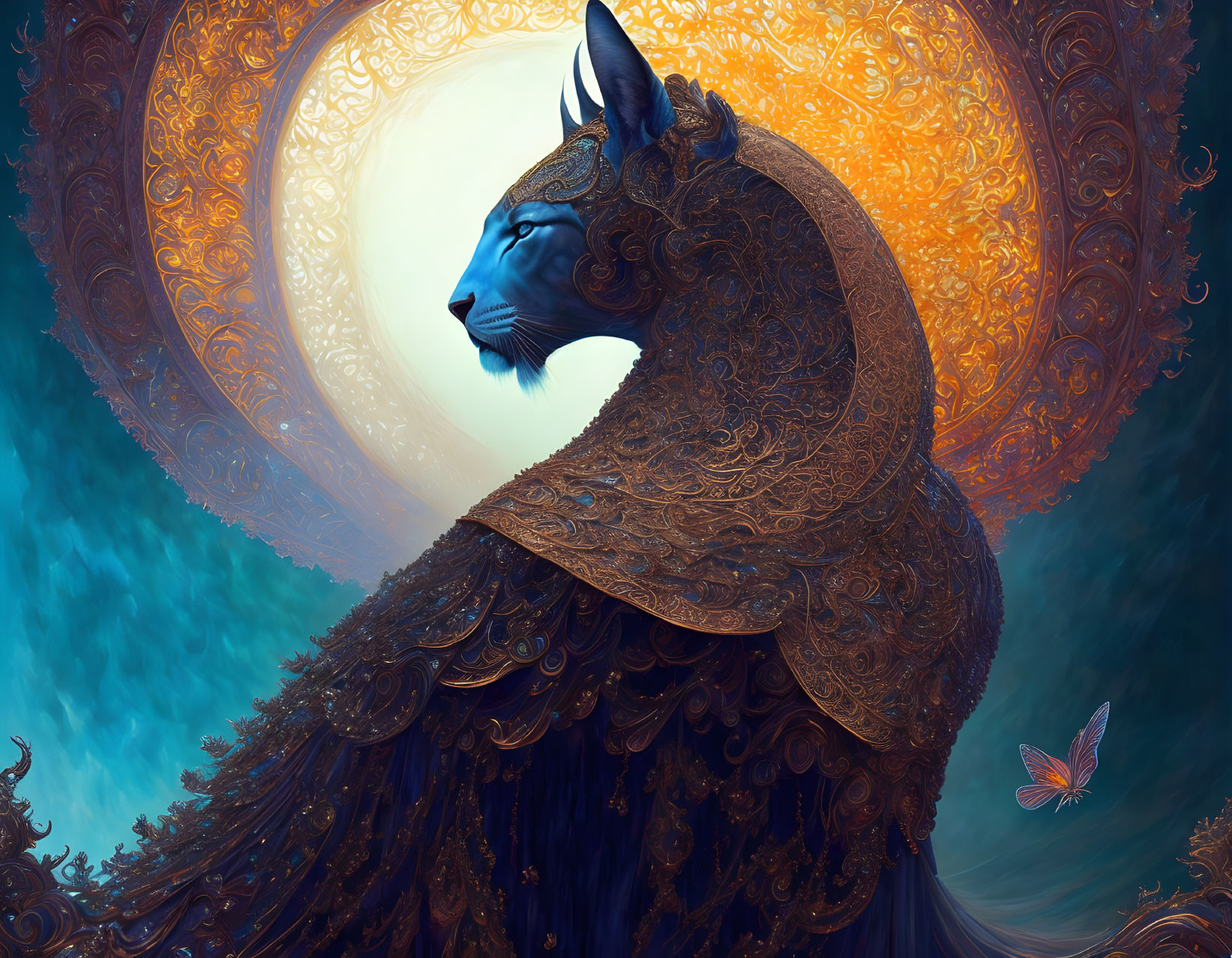 Blue Cat with Golden Patterns in Moonlit Surreal Scene