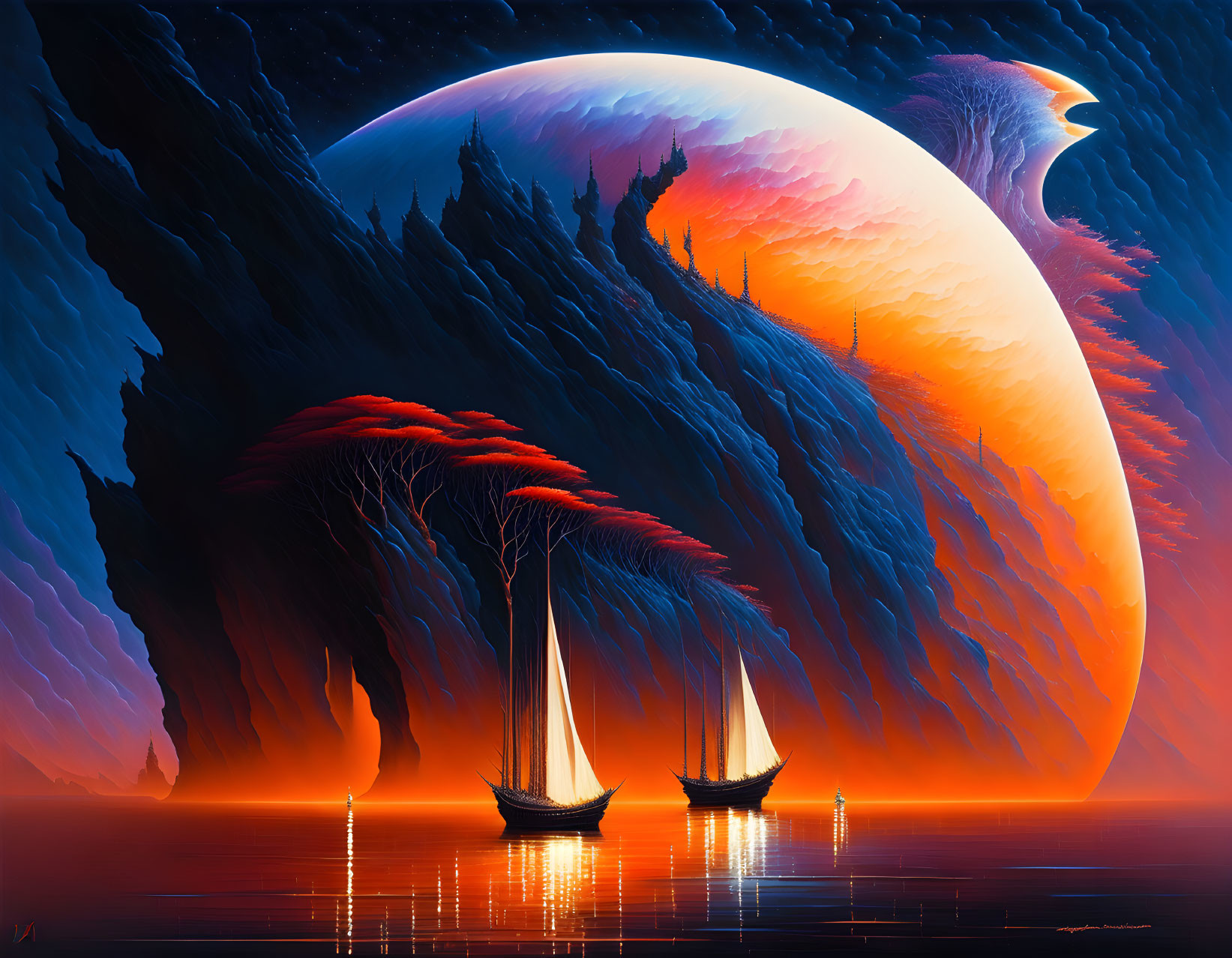 Surreal seascape with sailing ships and giant planet in fiery skies