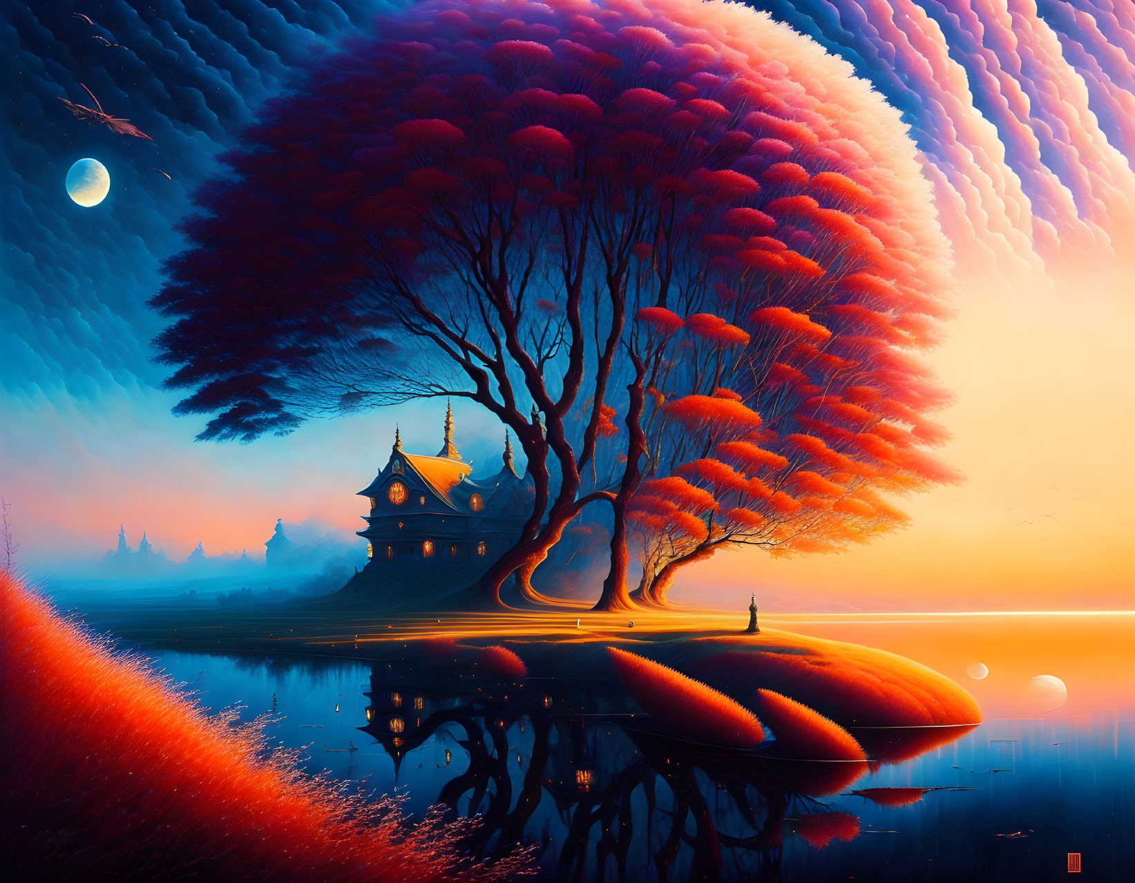 Vibrant red tree, traditional house, serene lake in surreal landscape