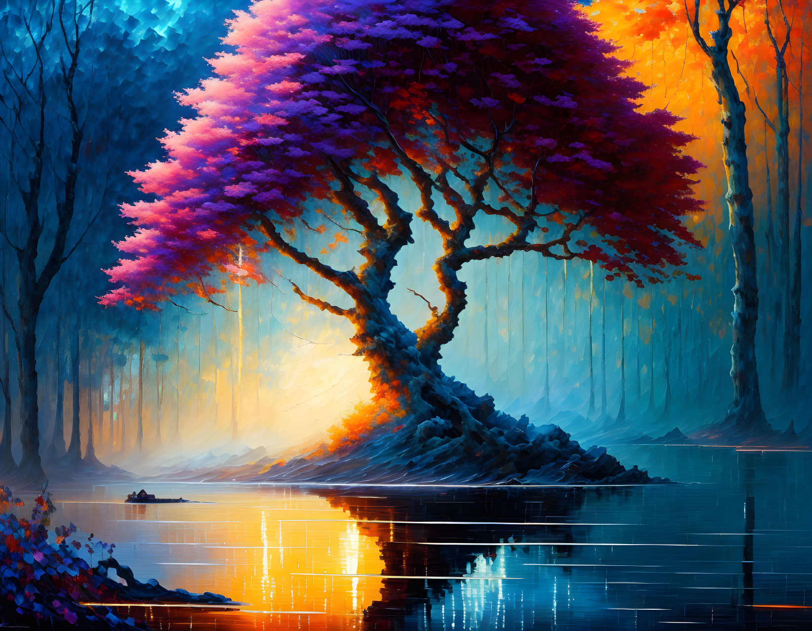 Colorful Tree by Tranquil Lake with Blue Forest and Sunset