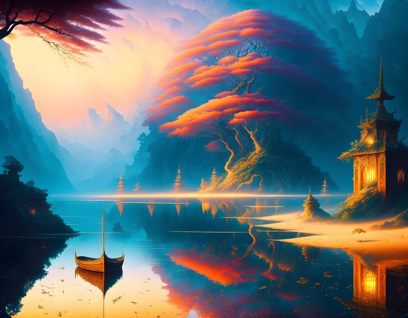 Vibrant fiery trees, lantern-lit temples, and a solitary boat on tranquil lake at twilight