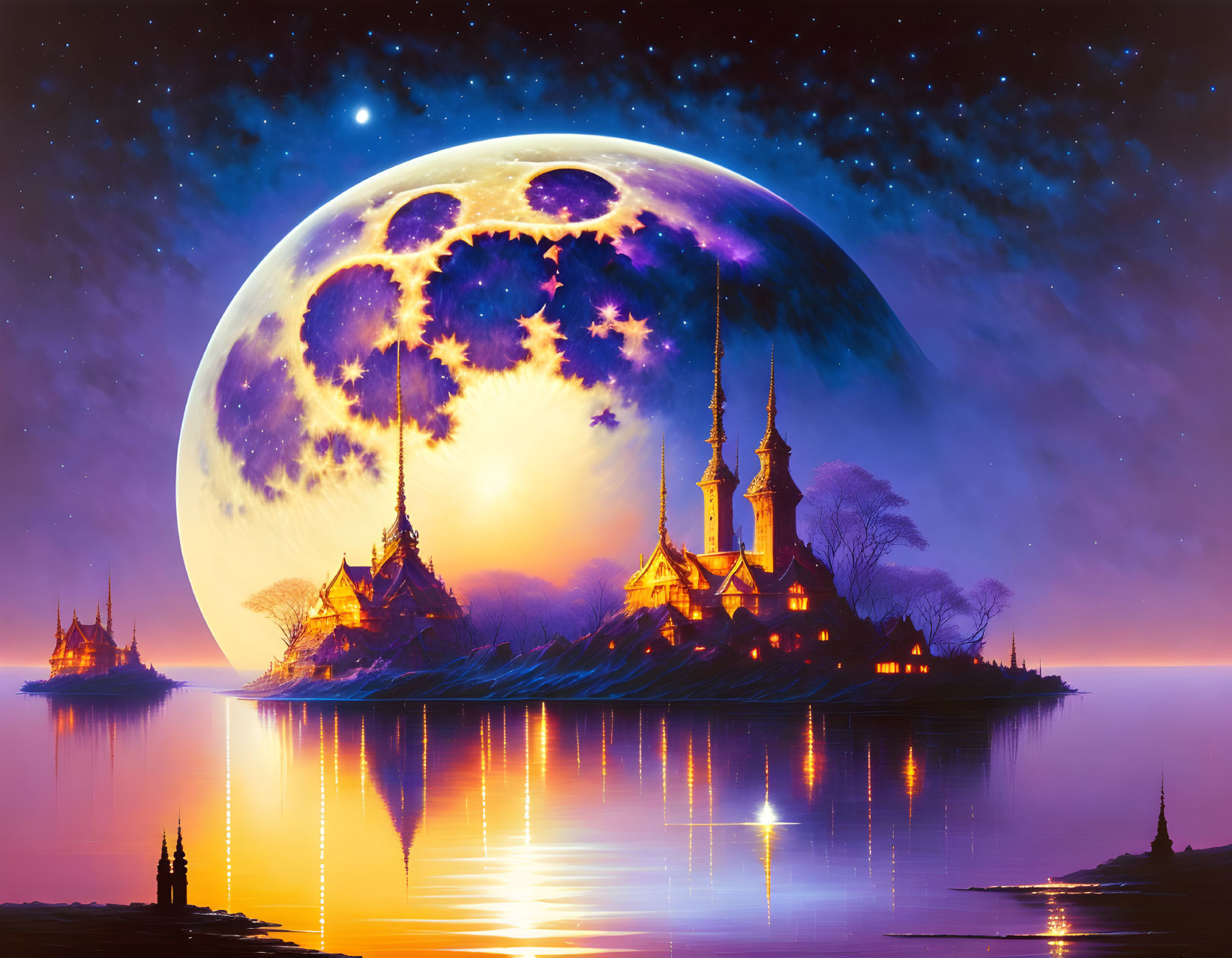 Fantasy landscape with castles on island under starry sky and giant moon, reflected in calm waters