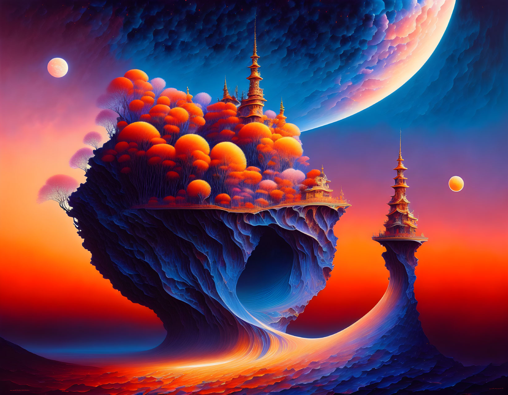 Fantastical landscape with floating islands and ornate buildings under crescent moon