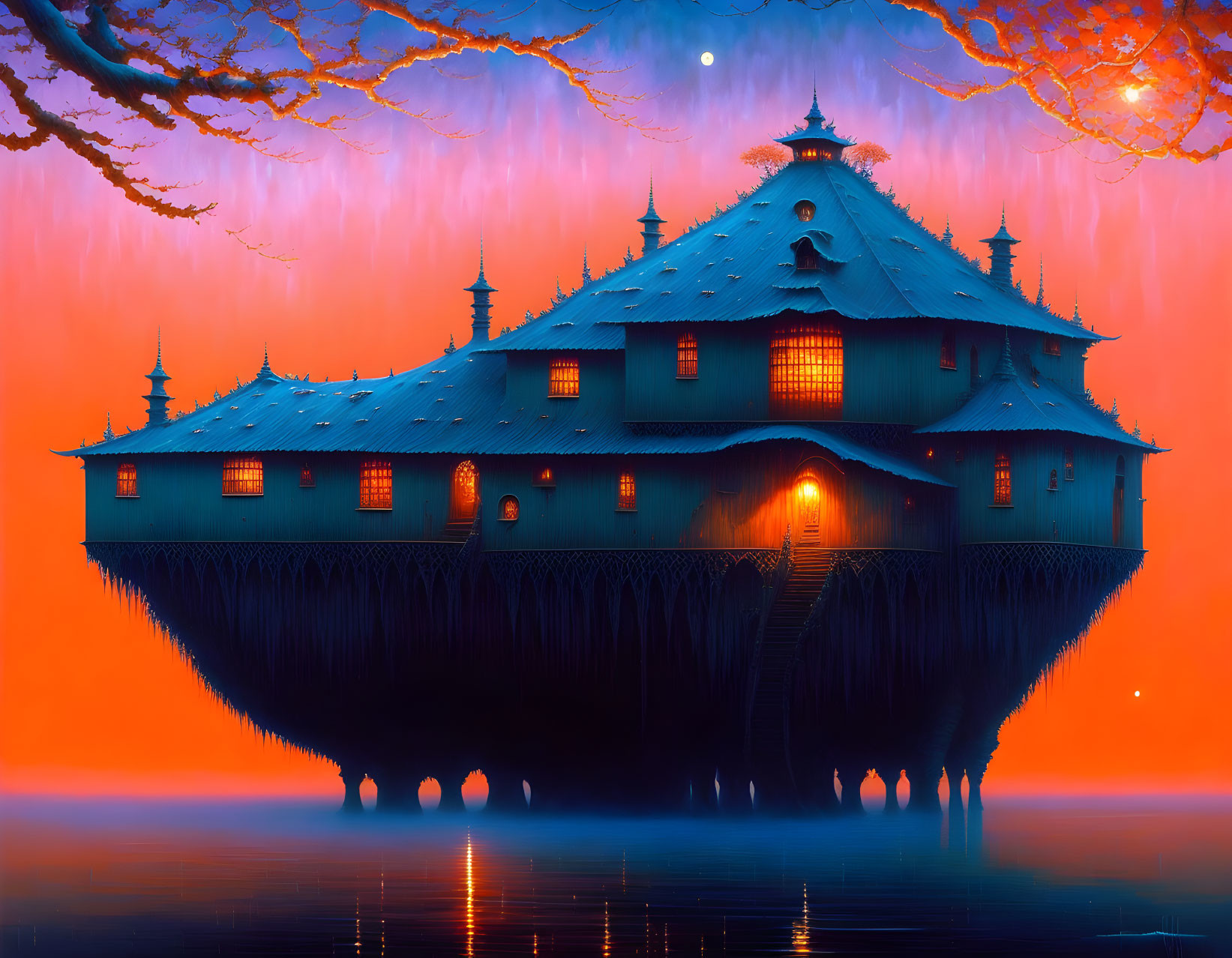 Ethereal floating palace at twilight with glowing orb and bare trees