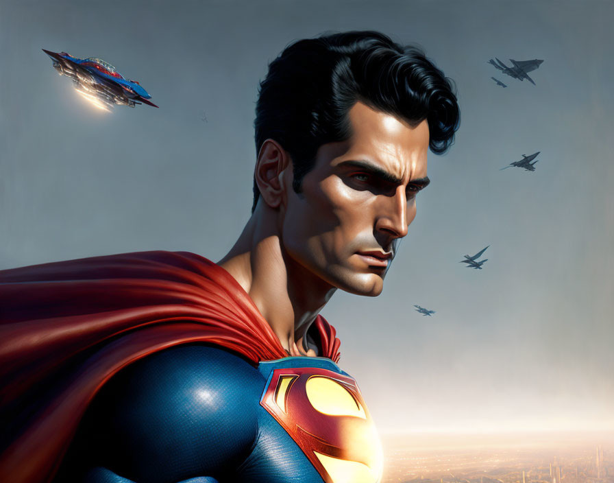 Superman illustration: determined expression, billowing cape, fighter jets in sunlit sky