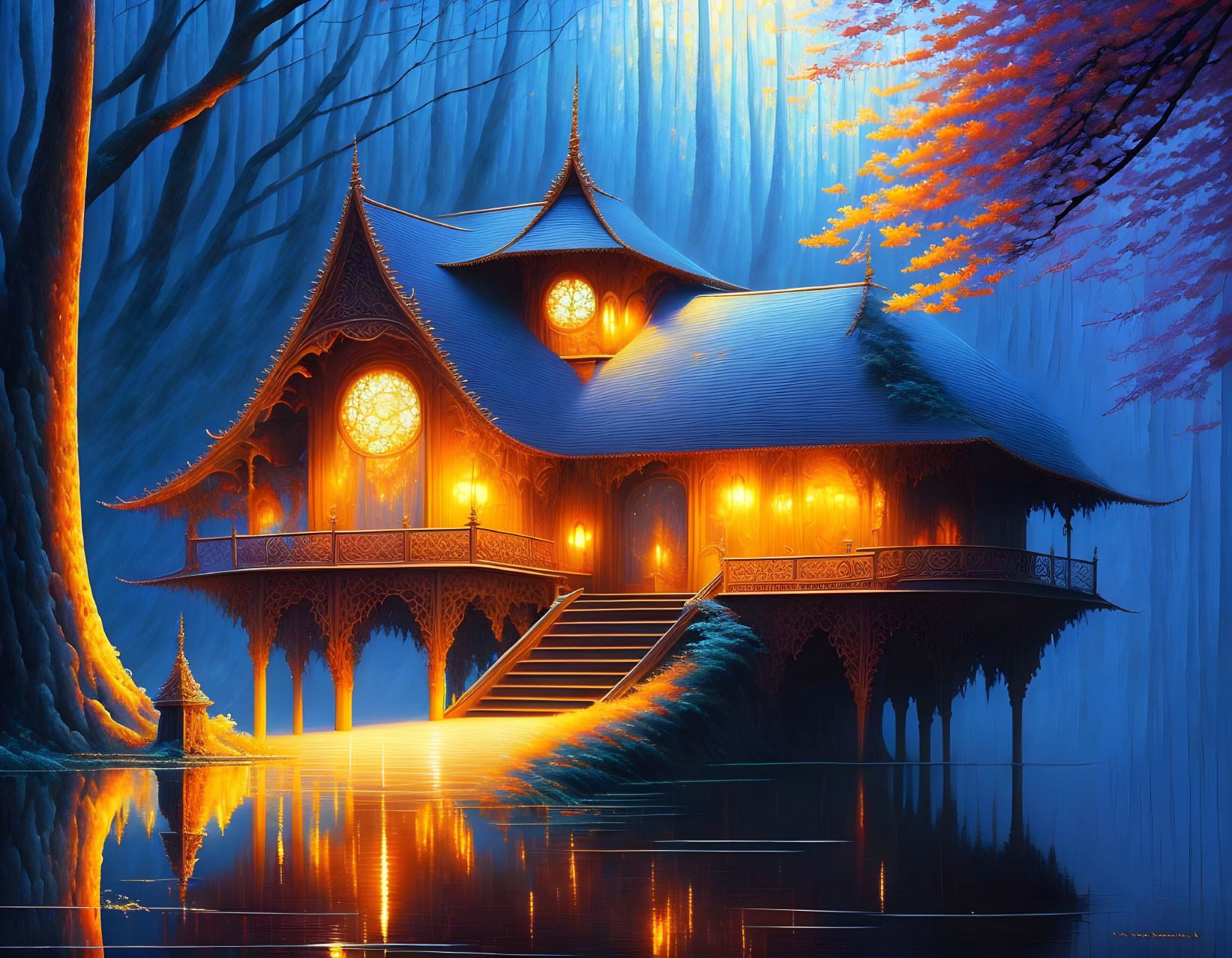 Mystical house with elaborate roofs in serene forest