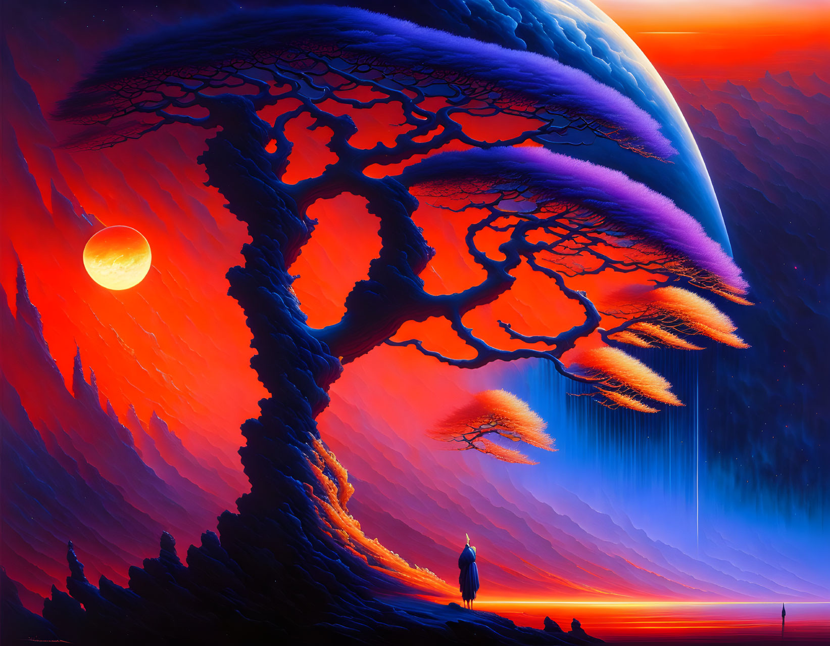 Surreal landscape with giant tree, person, red sun, and rising planet