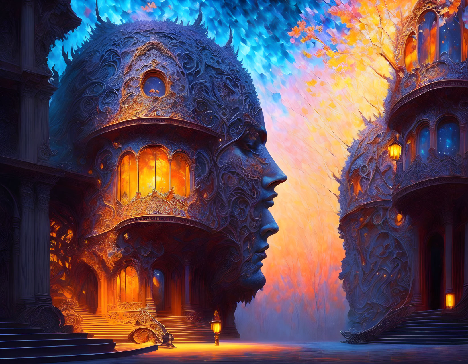 Ornate buildings resembling human faces in vibrant, colorful sky