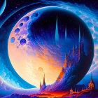 Fantasy sci-fi landscape with large planets, mountain range, and ornate structures