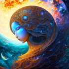 Colorful cosmic female figure merges with starry background and fiery planet