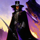 Illustration of cloaked figure with sword in front of fiery castle backdrop