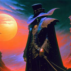 Mysterious Figure in Dark Cape and Wide-Brimmed Hat on Moonlit Background