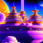 Futuristic cityscape with vibrant purple and orange hues