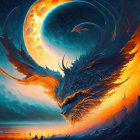 Majestic dragon-like creature in fantasy artwork with elaborate wings and colossal moon