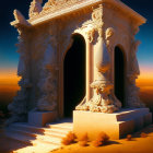 Golden ornate structure with intricate carvings against twilight sky.