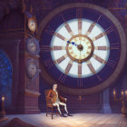 Illustrated man in historical attire by ornate grand clock in room with cloudy sky