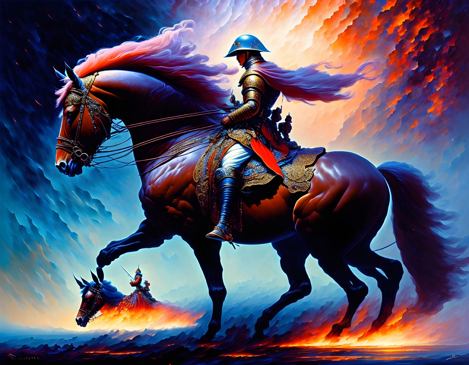 Illustration: Armored knights on horses in epic battle scene