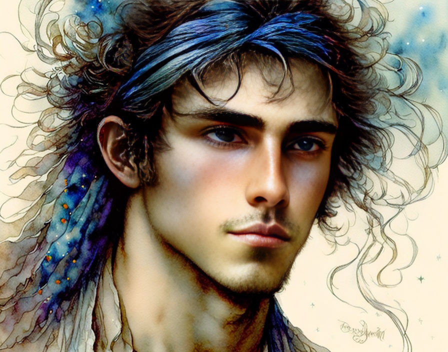 Young person with blue headband in cosmic-themed digital painting