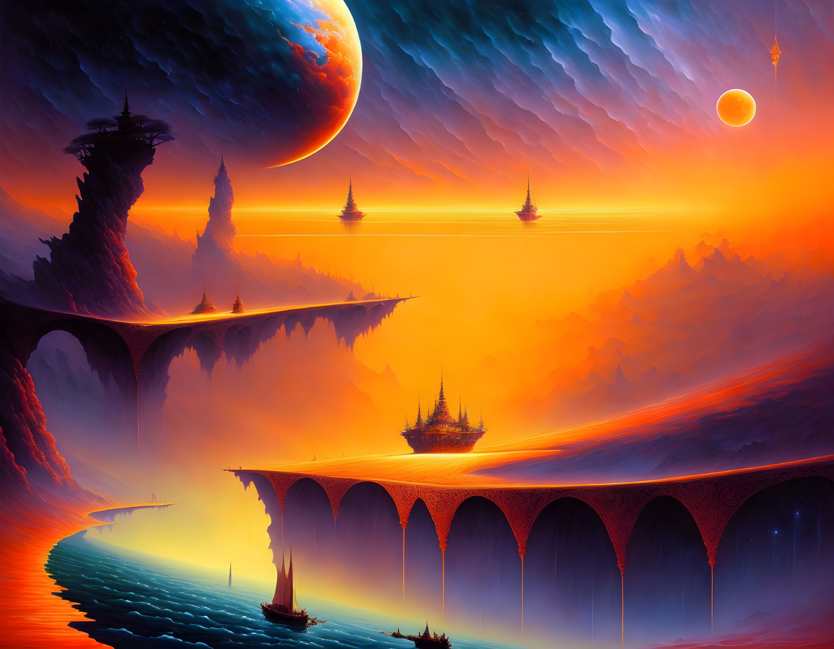 Colorful fantasy landscape with floating islands, sky rivers, moon, and sunset