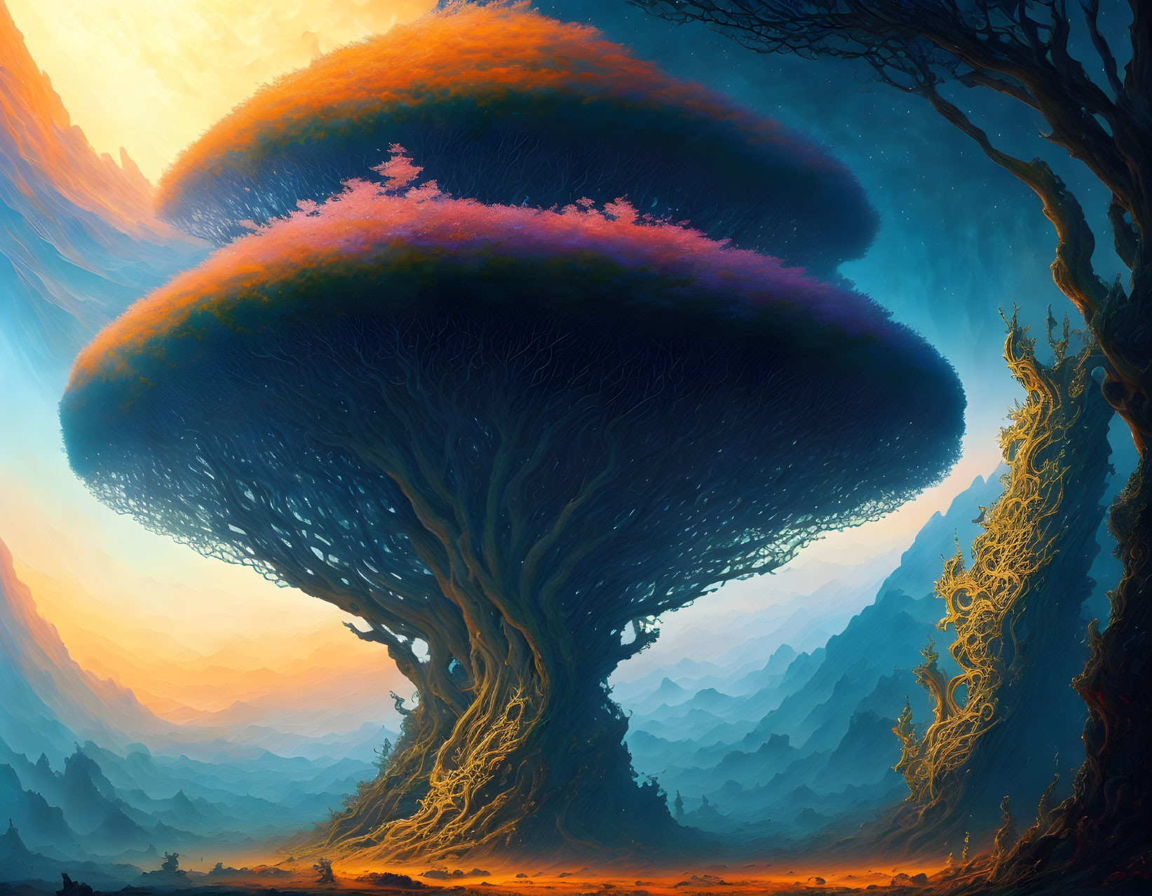 Vibrant fantasy landscape with colossal mushroom-shaped trees against warm, colorful sky