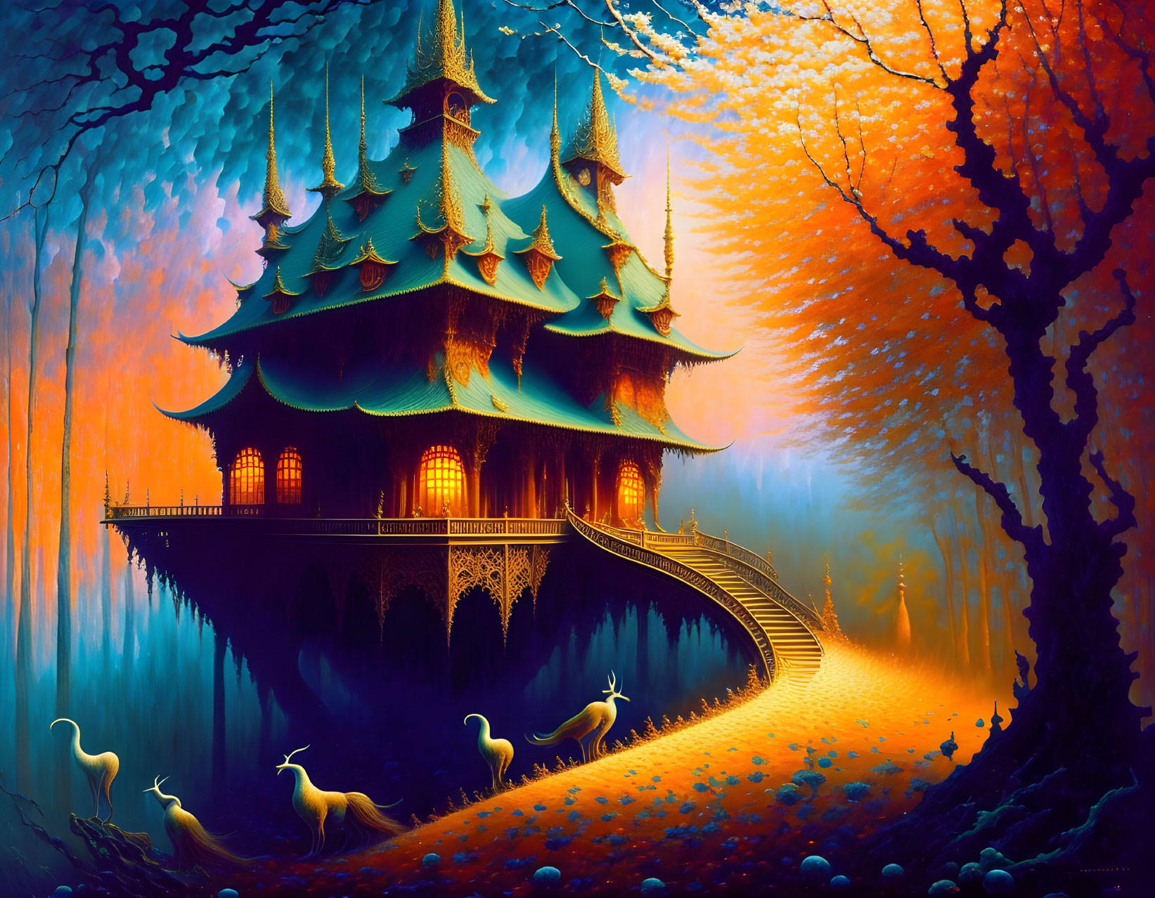 Multistory pagoda with peacocks and mystical bridge in vibrant orange and blue hues