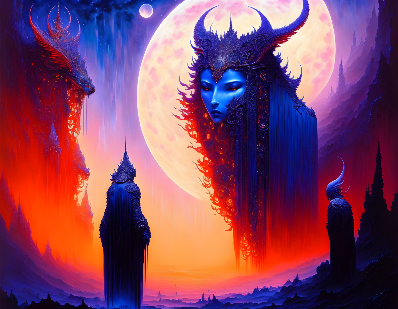 Fantasy artwork: Blue-faced entity with horns in red skies.