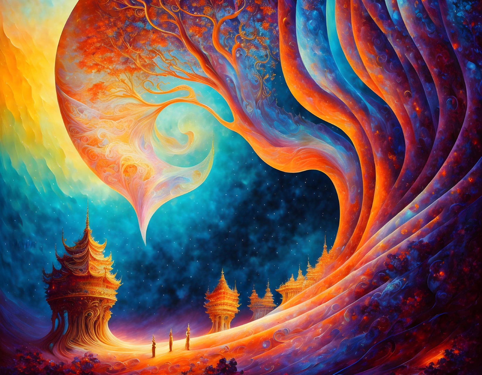 Fantastical landscape painting with swirling trees, starry sky, and ornate eastern temples.