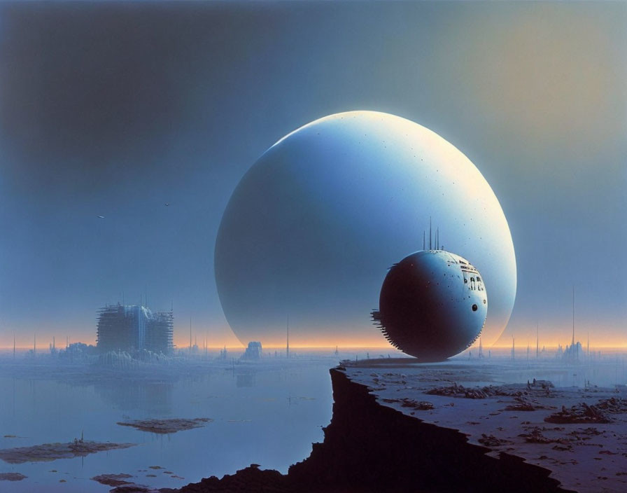 Futuristic cityscape with large moon-like sphere and towering structures