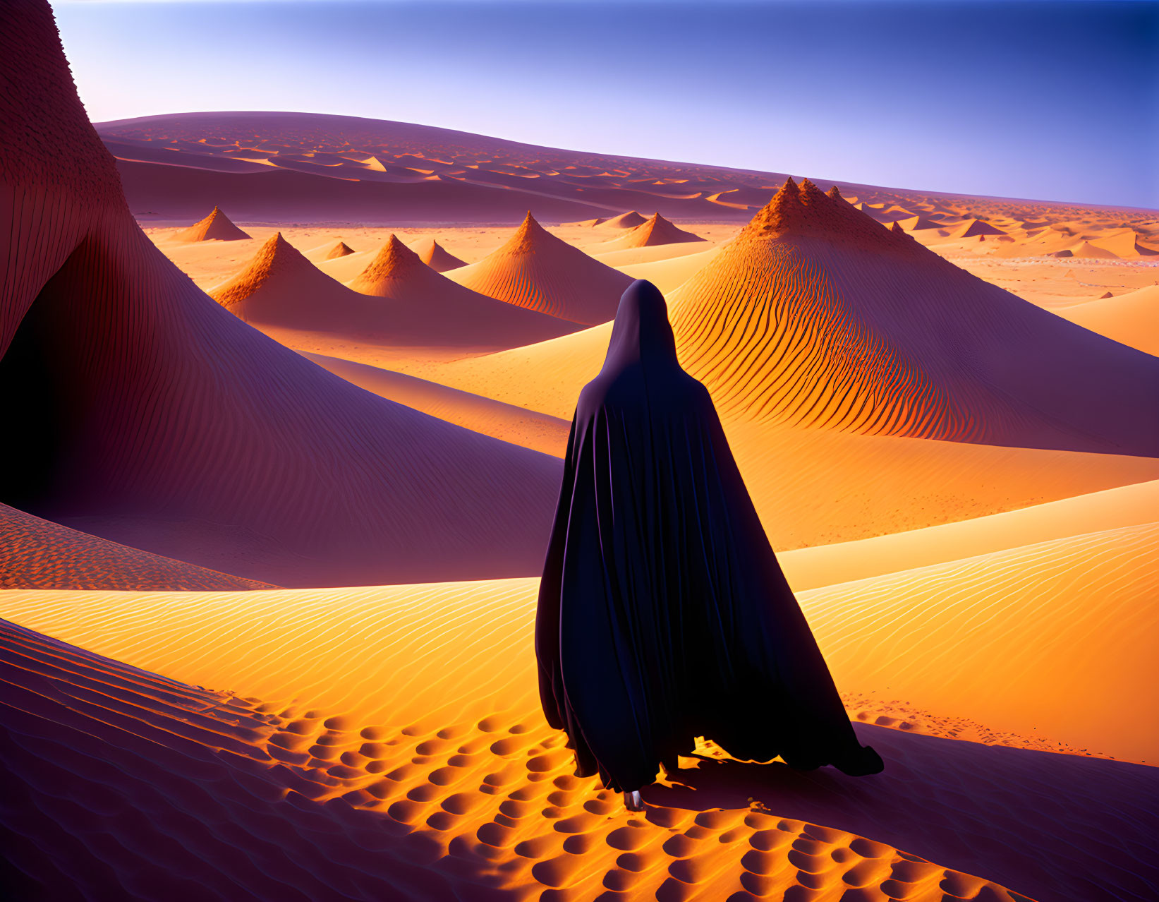 Robed figure in desert dunes under vivid blue sky