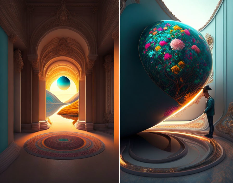 Surreal diptych: Ornate hallway to desert & man with giant heart