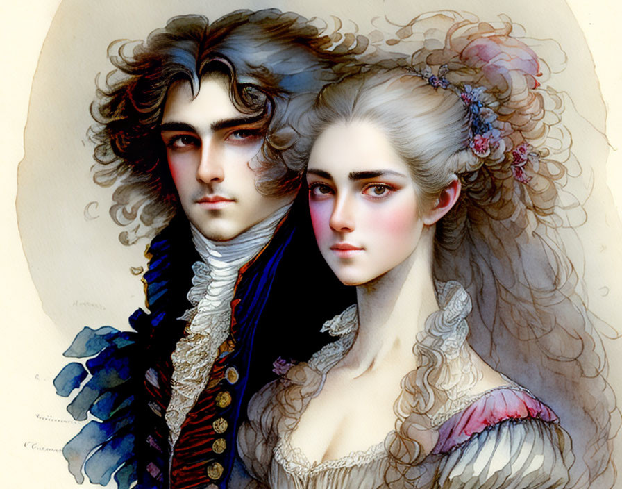 Illustrated portrait of regal couple in military uniform and floral adornment.