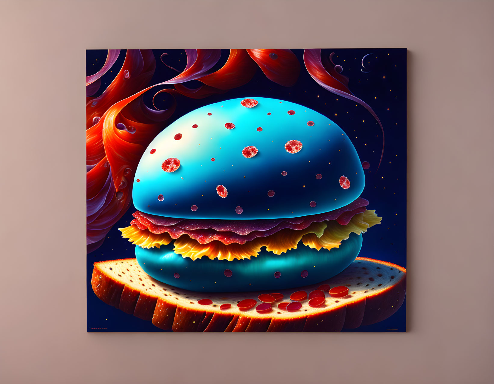 Cosmic-themed burger artwork with star-speckled blue bun and celestial toppings