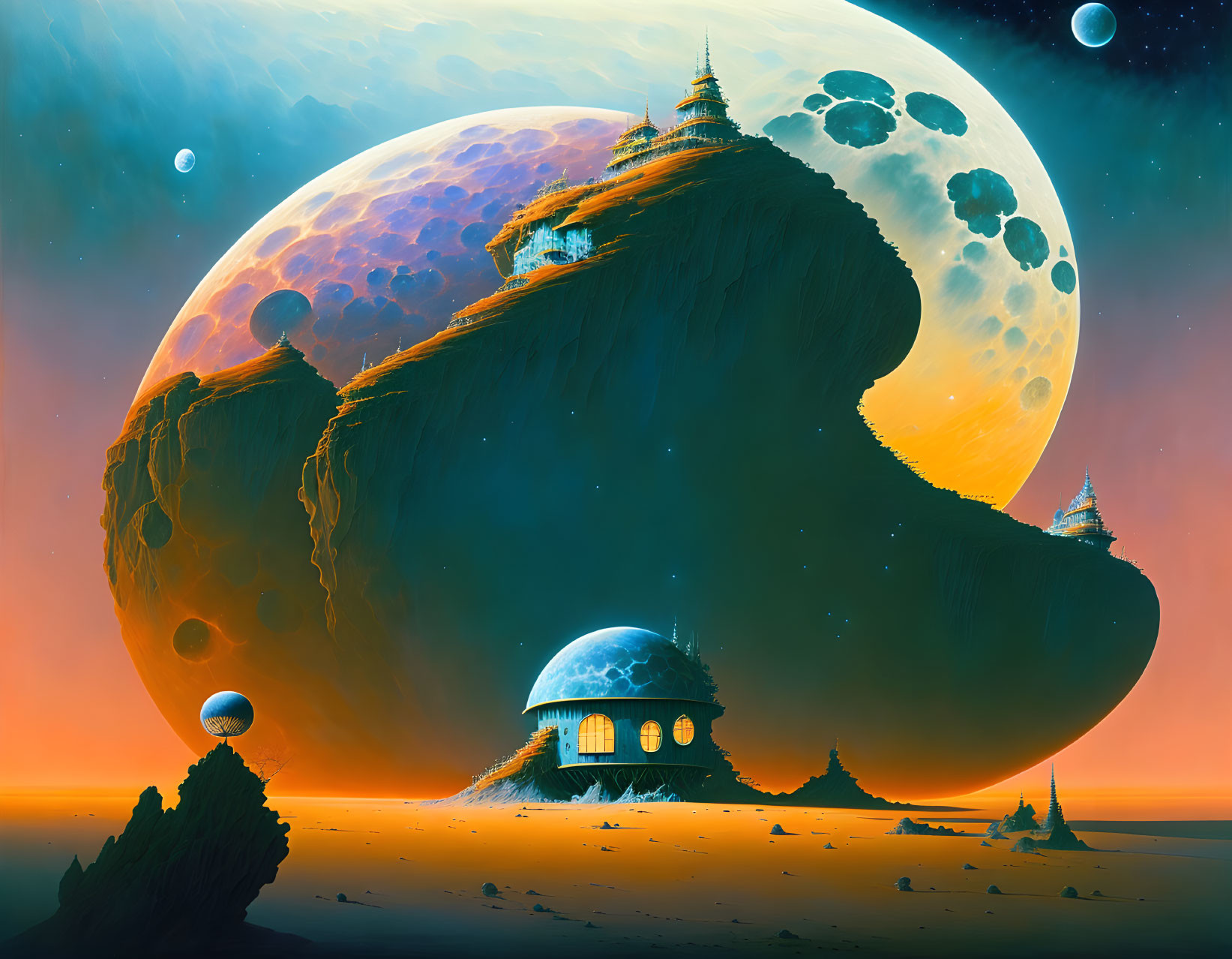 Surreal landscape with temple-like building on floating island under alien sky