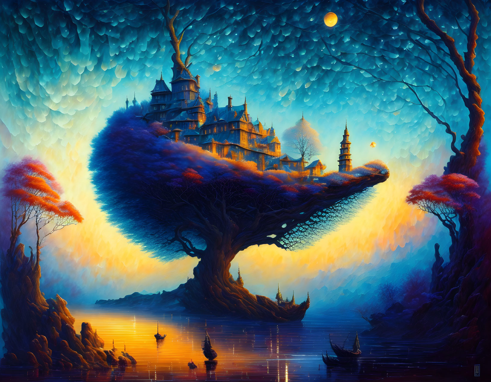 Fantasy landscape painting: grand castle on tree with moon and boats