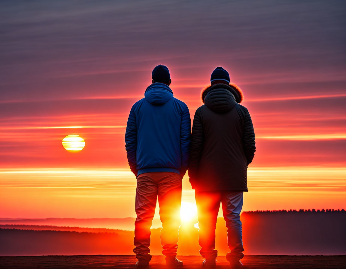 Two individuals watching vibrant red and orange sunset together