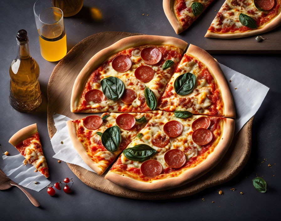 Pepperoni pizza with basil leaves, olive oil, and drink on dark background