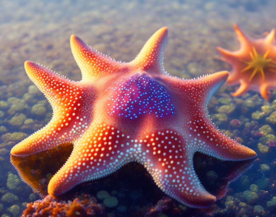 Colorful starfish with white dots on reddish-pink surface in seabed setting