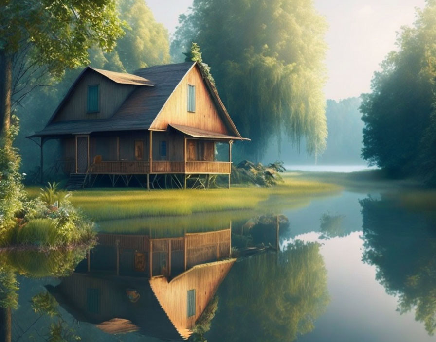 Tranquil lakeside scene with cozy stilt house and lush trees