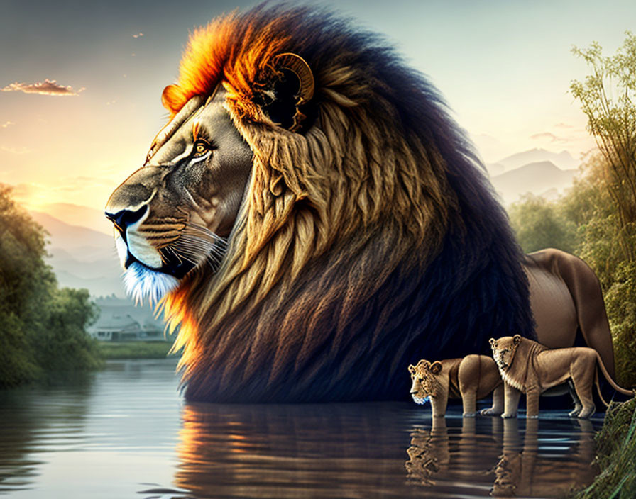 Majestic lion with fiery mane and cubs in serene landscape