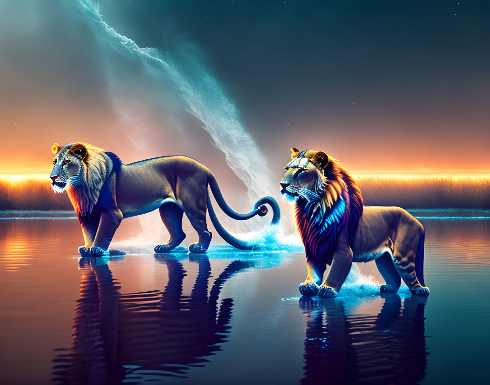 Neon-lit lions facing each other by water under twilight sky