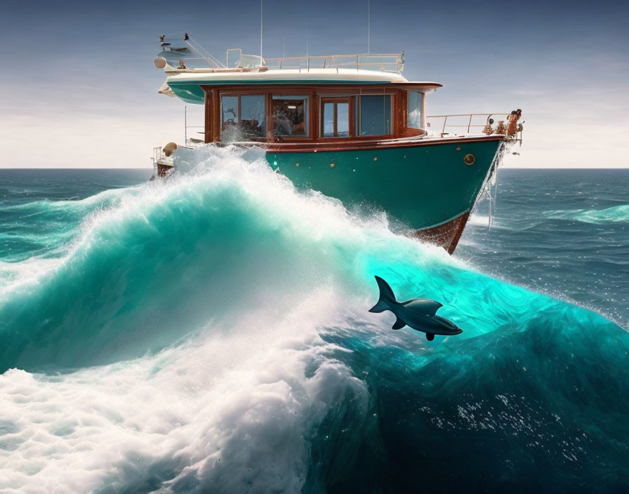 Boat riding surreal wave with leaping dolphin in vast oceanic expanse