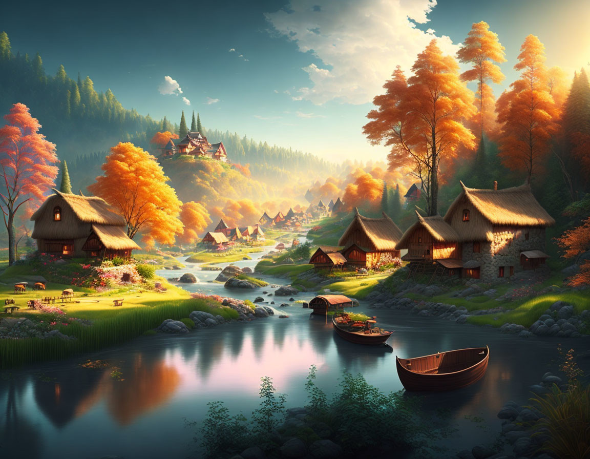 Fantasy village with thatched-roof houses, river, autumn trees, castle on distant hill