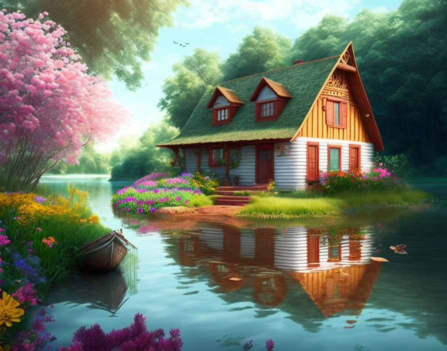 Tranquil lakeside cottage with lush greenery and vibrant flowers