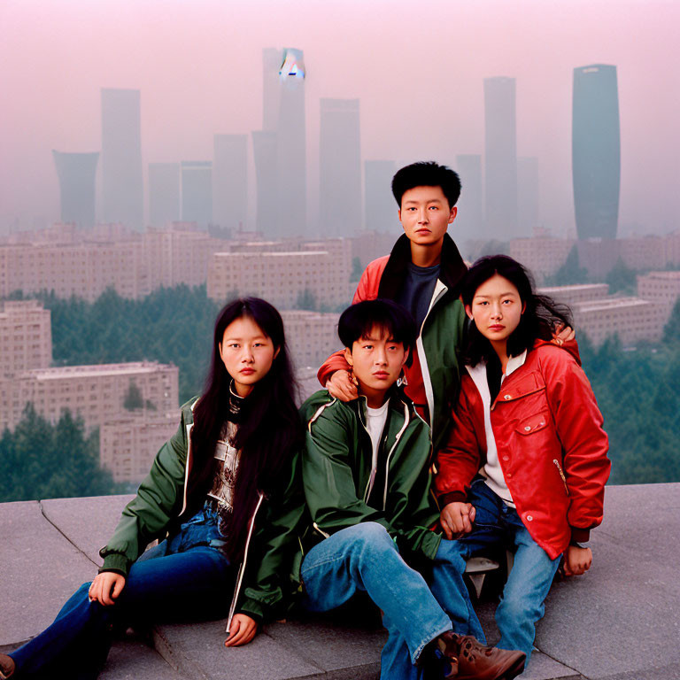 Four young individuals posing in front of a hazy city skyline at twilight