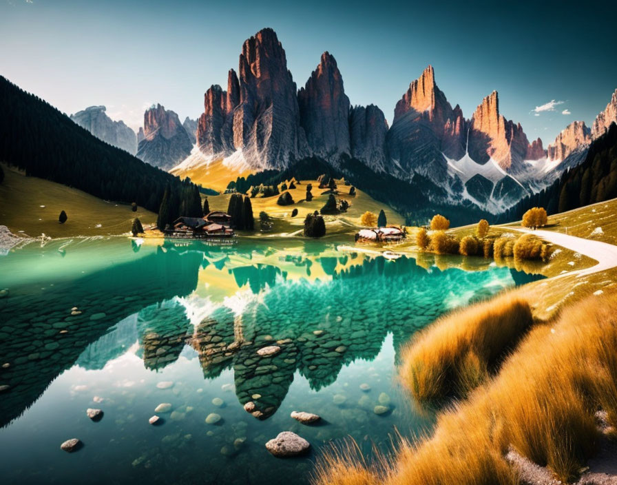 Scenic alpine lake with mountain views and wooden huts