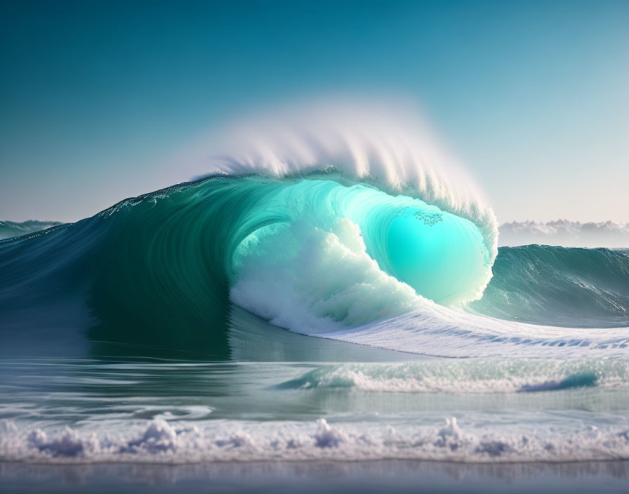Turquoise Wave Curling Against Clear Blue Sky